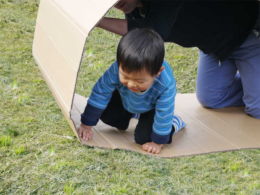 草原の上でダンボールクローラーで遊ぶ幼児